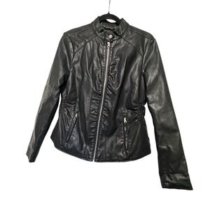 Baccini Black Faux Leather Moto Jacket Womens Medium Zip Front PU